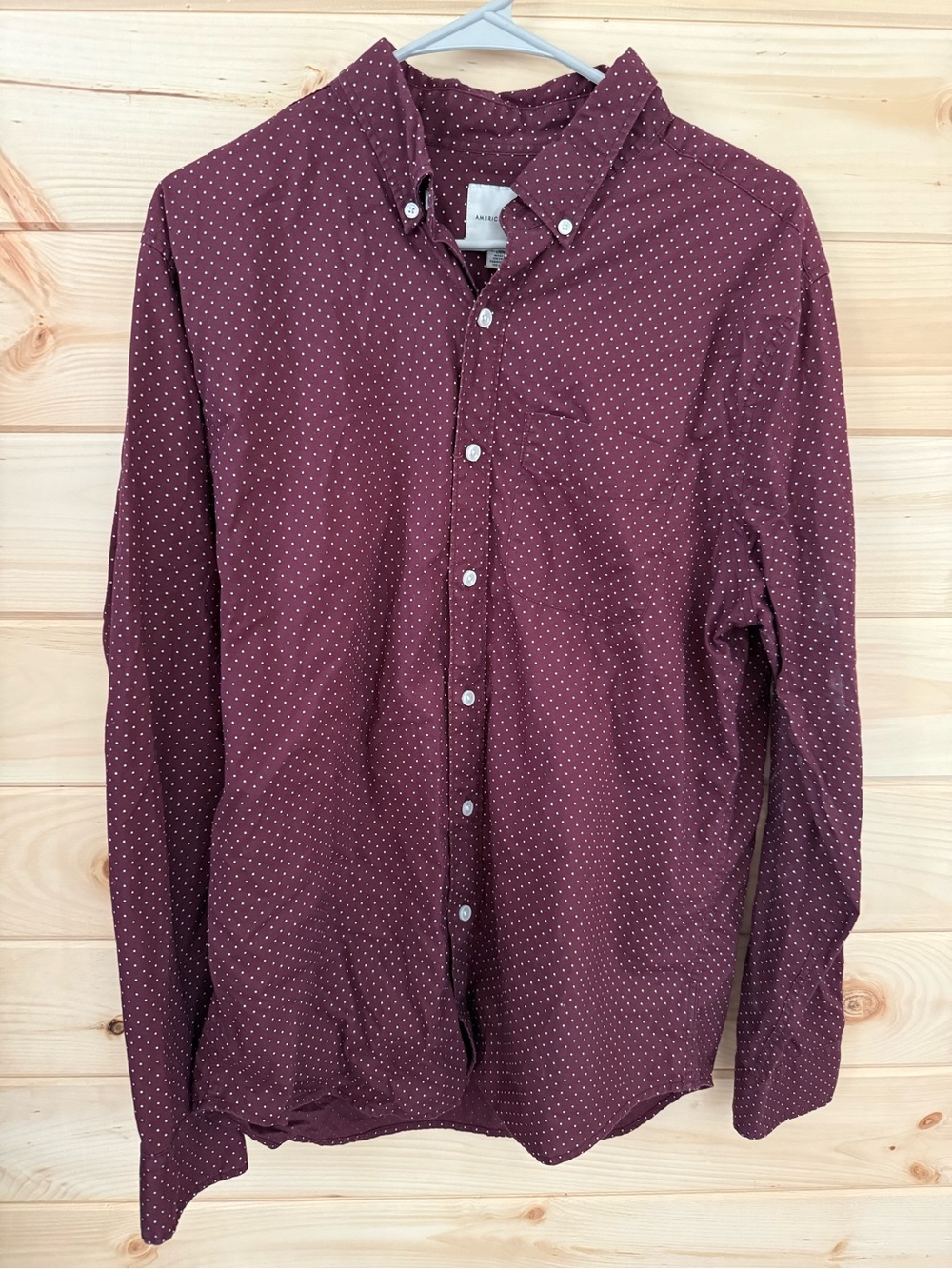 American Eagle Outfitters Burgundy Button-Down Shirt with White Dots